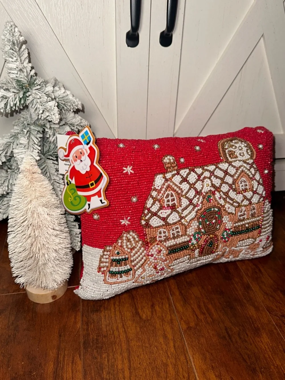 Holiday Gingerbread House Beaded Decorative Pillow